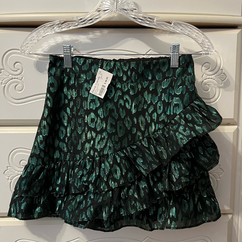 DO+BE Green/Gold and Black Leopard Side Ruffle Skirt (S) from Frock Candy